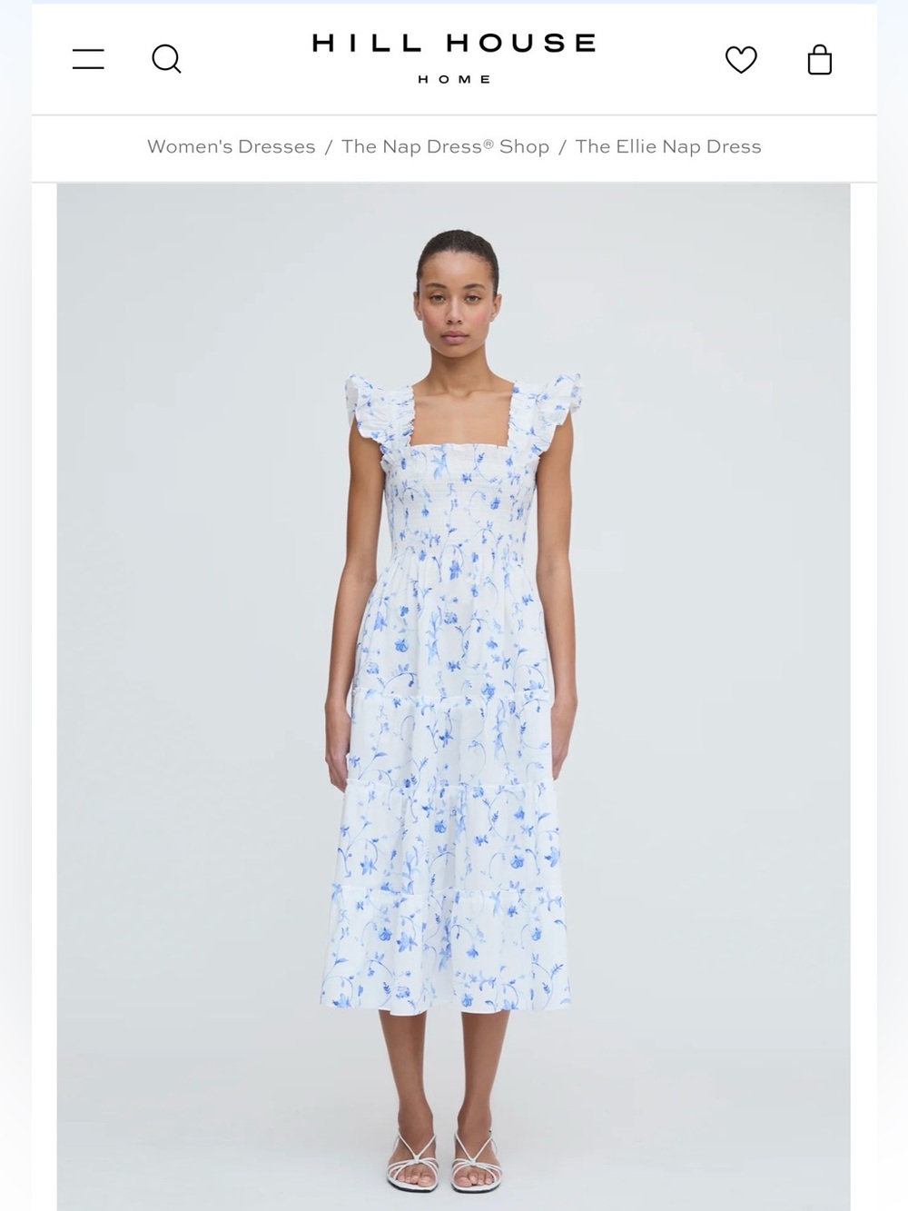 Hill House white smocked tiered midi Dress with Blue Floral Motif